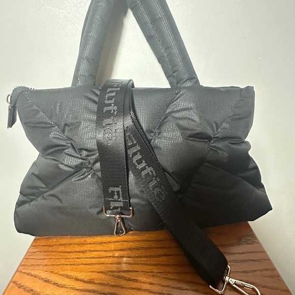 Flufie Shoulder Bag Jet Black Classic Quilted with Body Long Strap Puffer - Picture 6 of 8